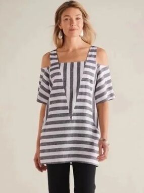 Soft Surroundings Linen Stripe Cold Shoulder Top Black White S Relaxed Fit